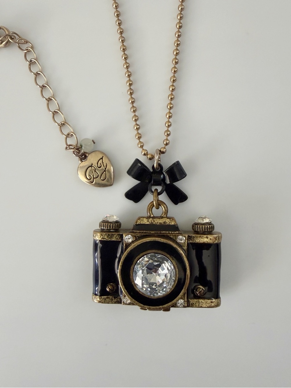 Betsey Johnson Black Camera Locket Yellow Tone Long Necklace